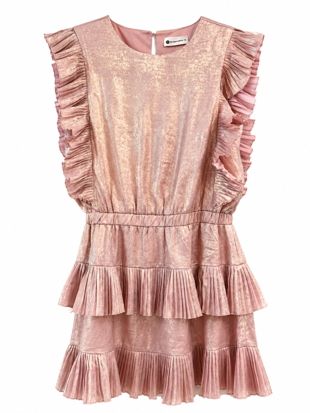 The Impeccable Pig Metallic Pink Ruffle Tiered Mini Dress - Size M